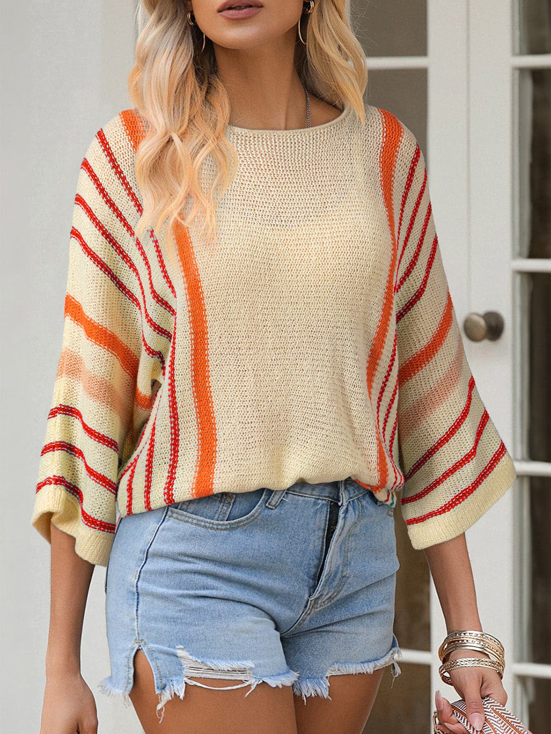 Striped Boat Neck Three-Quarter Sleeve Knit TopFeatures: Basic style
Stretch: Slightly stretchy
Material composition: 100% acrylic
Care instructions: Machine wash cold. Tumble dry low.
Imported


Size
US
Bust
SleLove Salve -Quarter Sleeve Knit TopKnit Tops