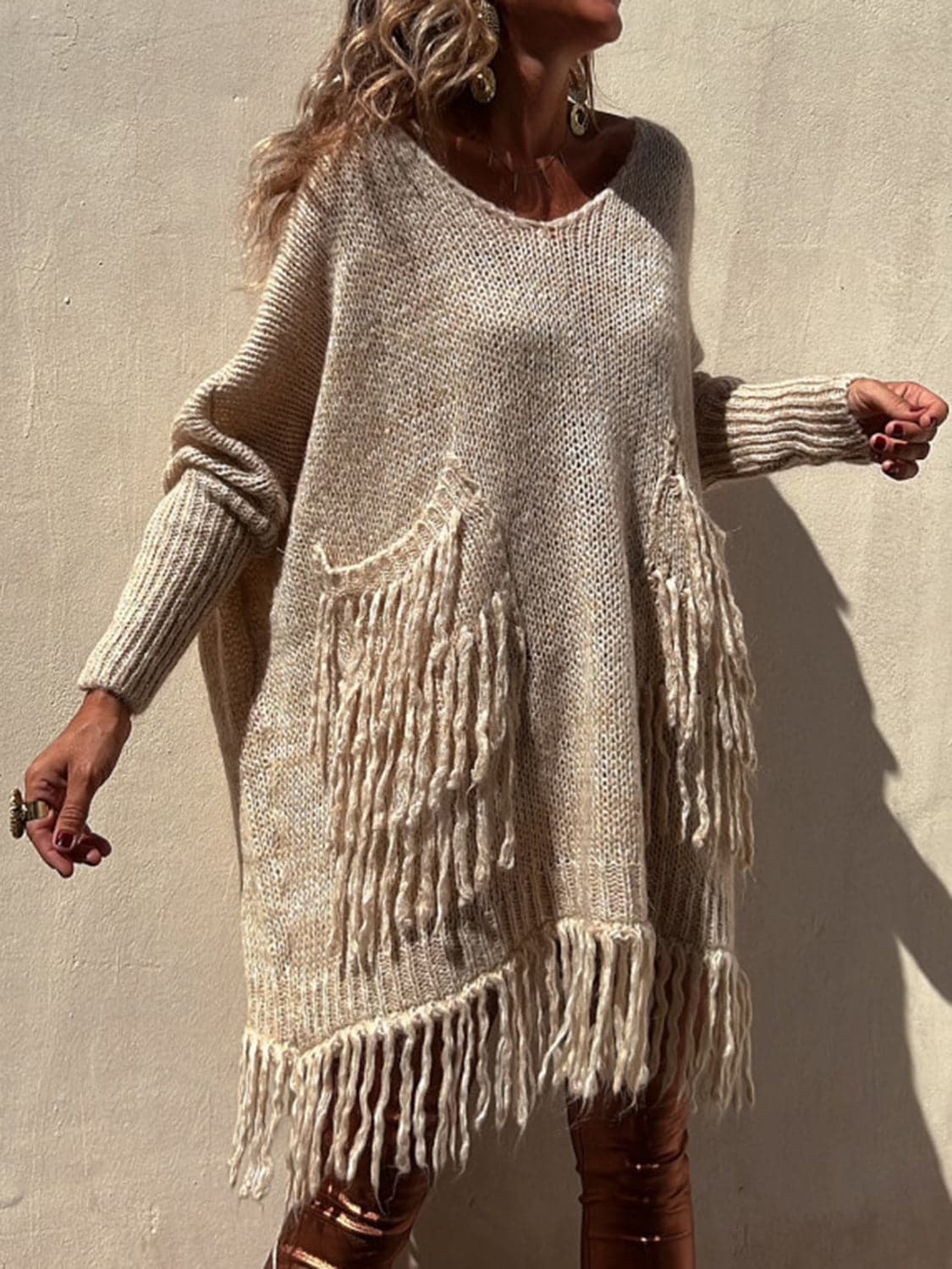 Fringe Detail Long Sleeve Sweater with Pockets.