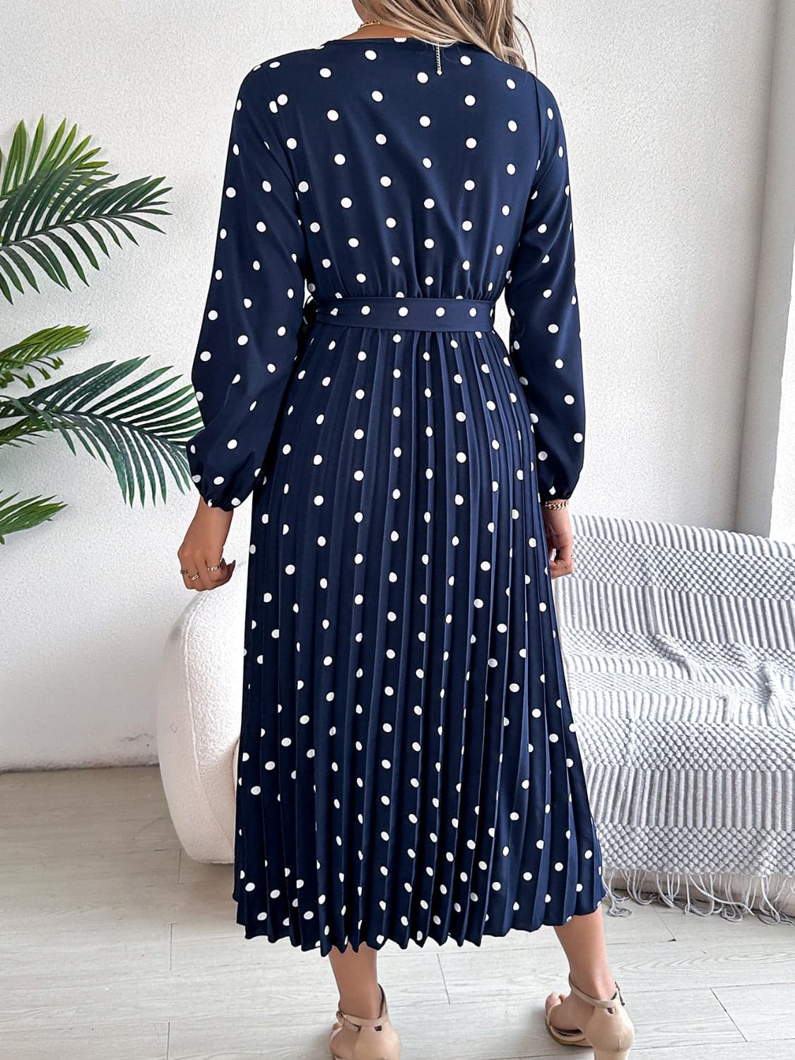 Tied Polka Dot Long Sleeve Midi Dress.