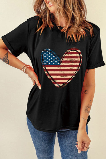 Stars and Stripes Heart Round Neck Short Sleeve T-ShirtStars and Stripes Heart Round Neck Short Sleeve T-Shirt
 
 Stylish Design
 Embrace your love for the stars and stripes with this trendy heart-themed t-shirt. Its basLove Salve Stripes Heart Round Neck Short SleeveT-Shirts