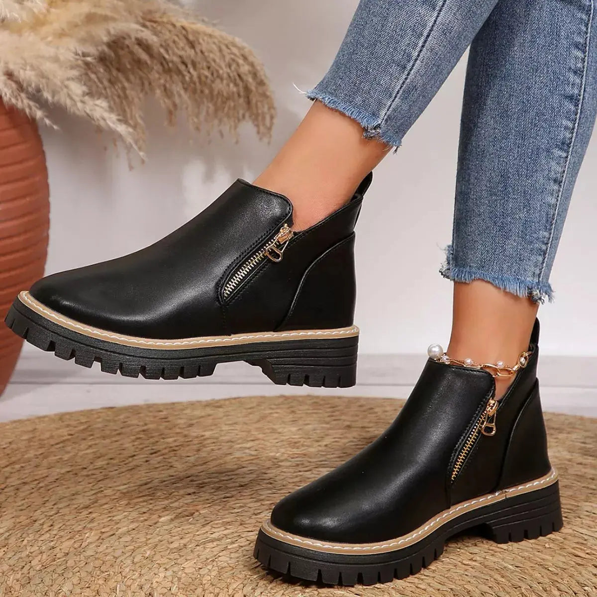 PU Leather Ankle Boots With Zipper Detail And Chunky Sole Simply Love