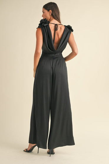 Satin elegance: 3D floral applique deep cowl neck jumpsuit