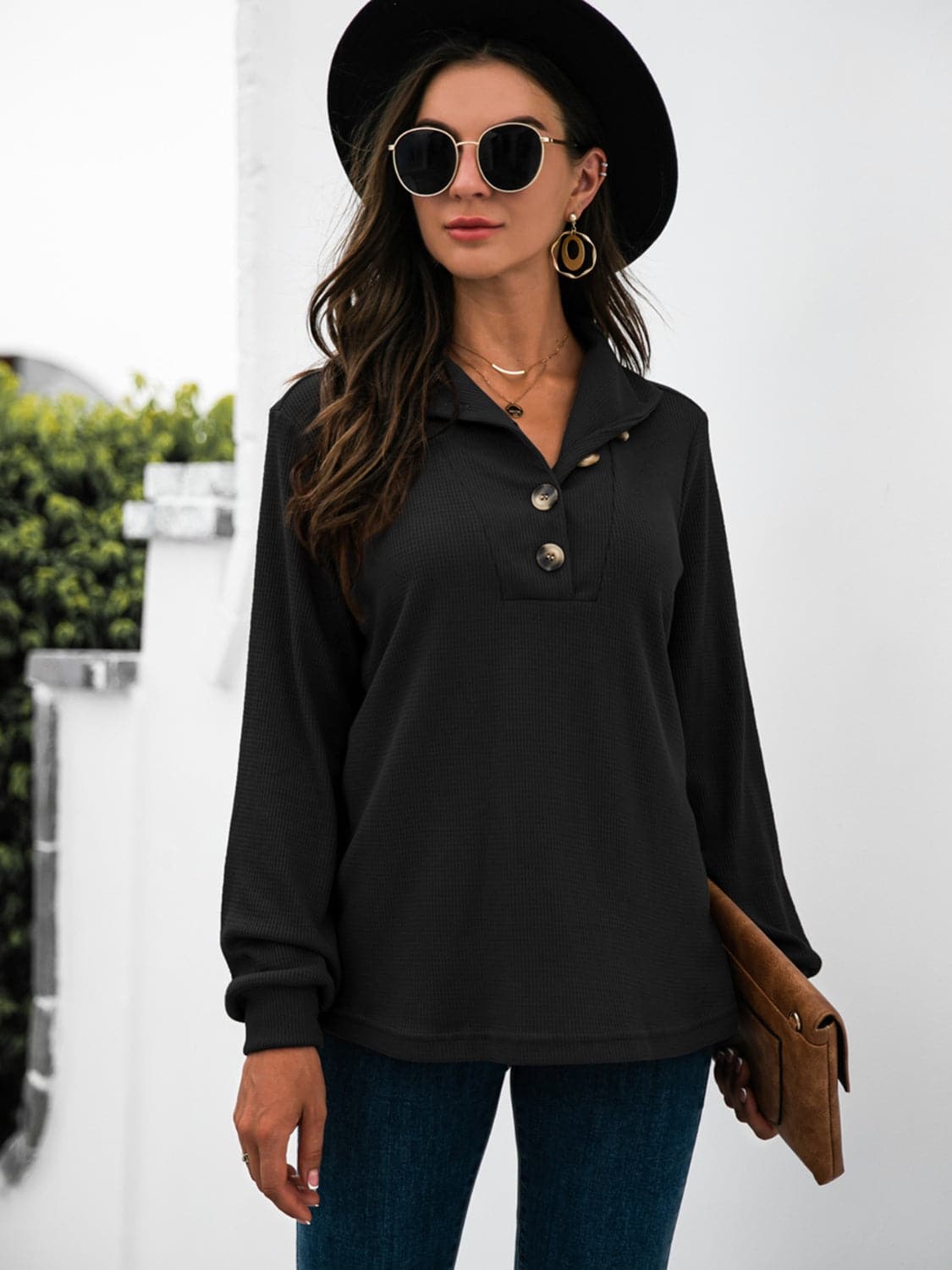 Chic half button long sleeve top