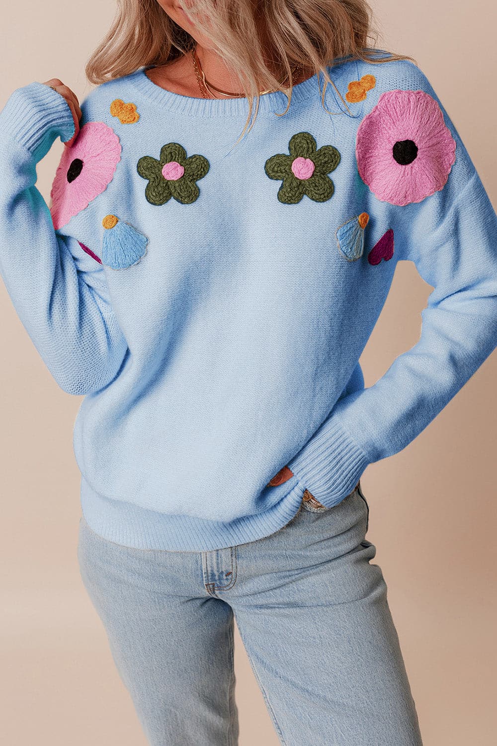 Crochet Flower Round Neck Dropped Shoulder Sweater.