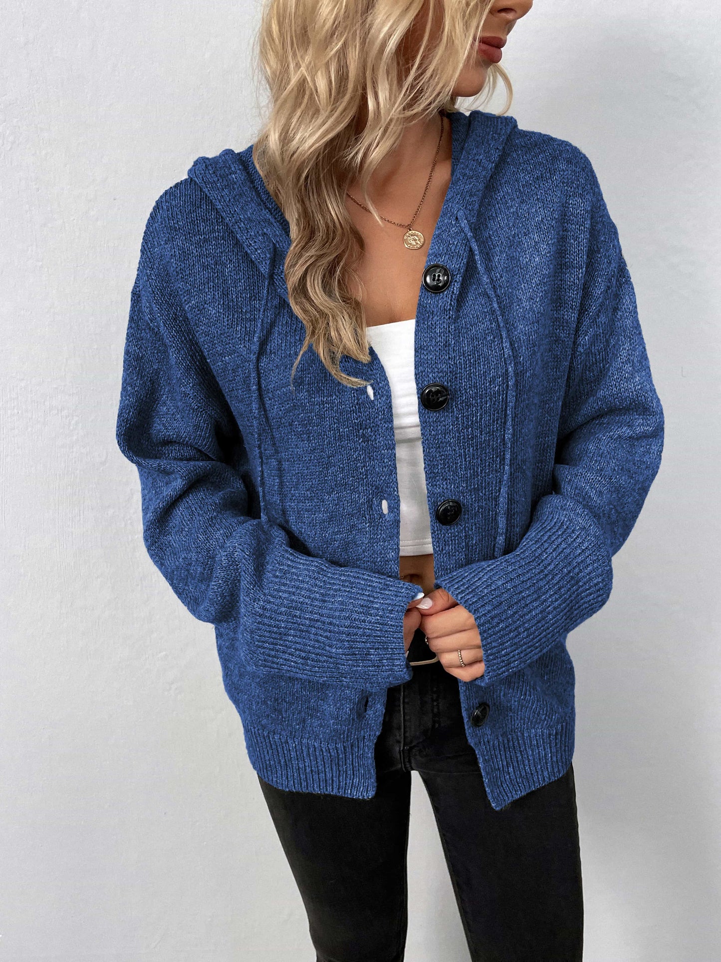 Button-Down Long Sleeve Hooded Sweater.