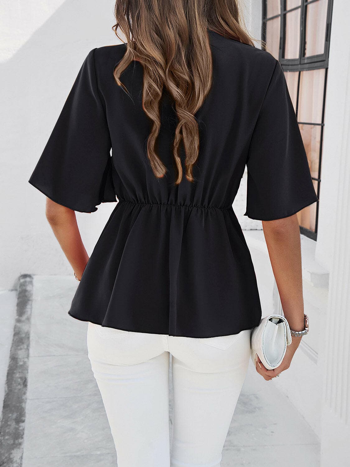 Surplice Tie Waist Half Sleeve Blouse.