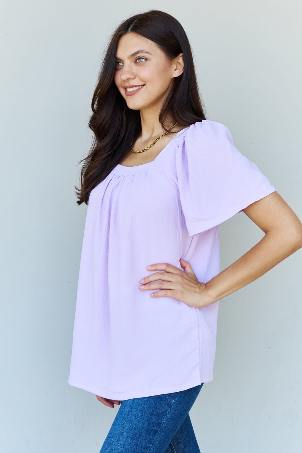 Ninexis Keep Me Close Square Neck Short Sleeve Blouse in Lavender.