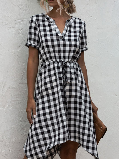 Plaid Notched Short Sleeve Dress.