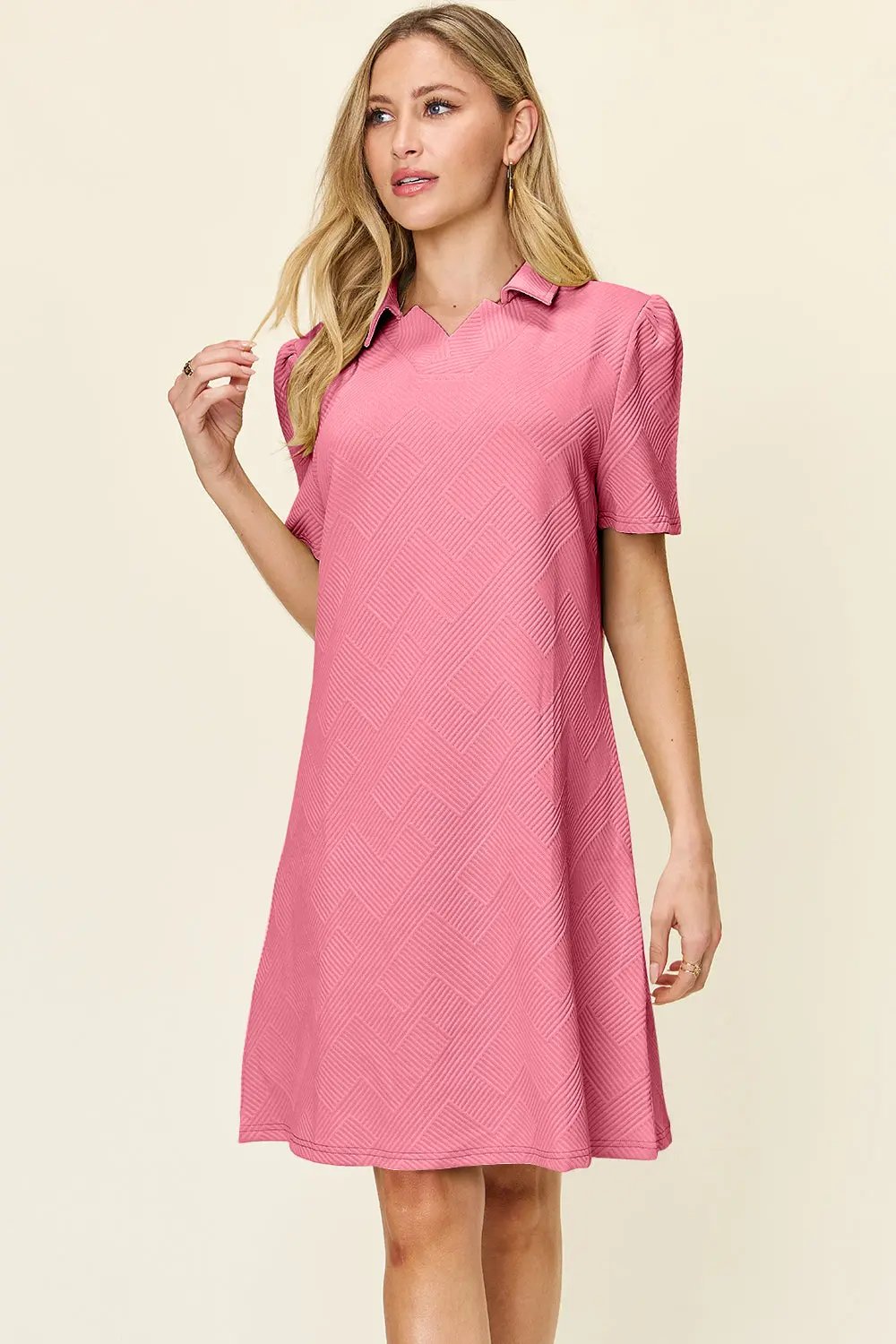 Double Take Full Size Texture Collared Neck Short Sleeve Dress - Love Salve