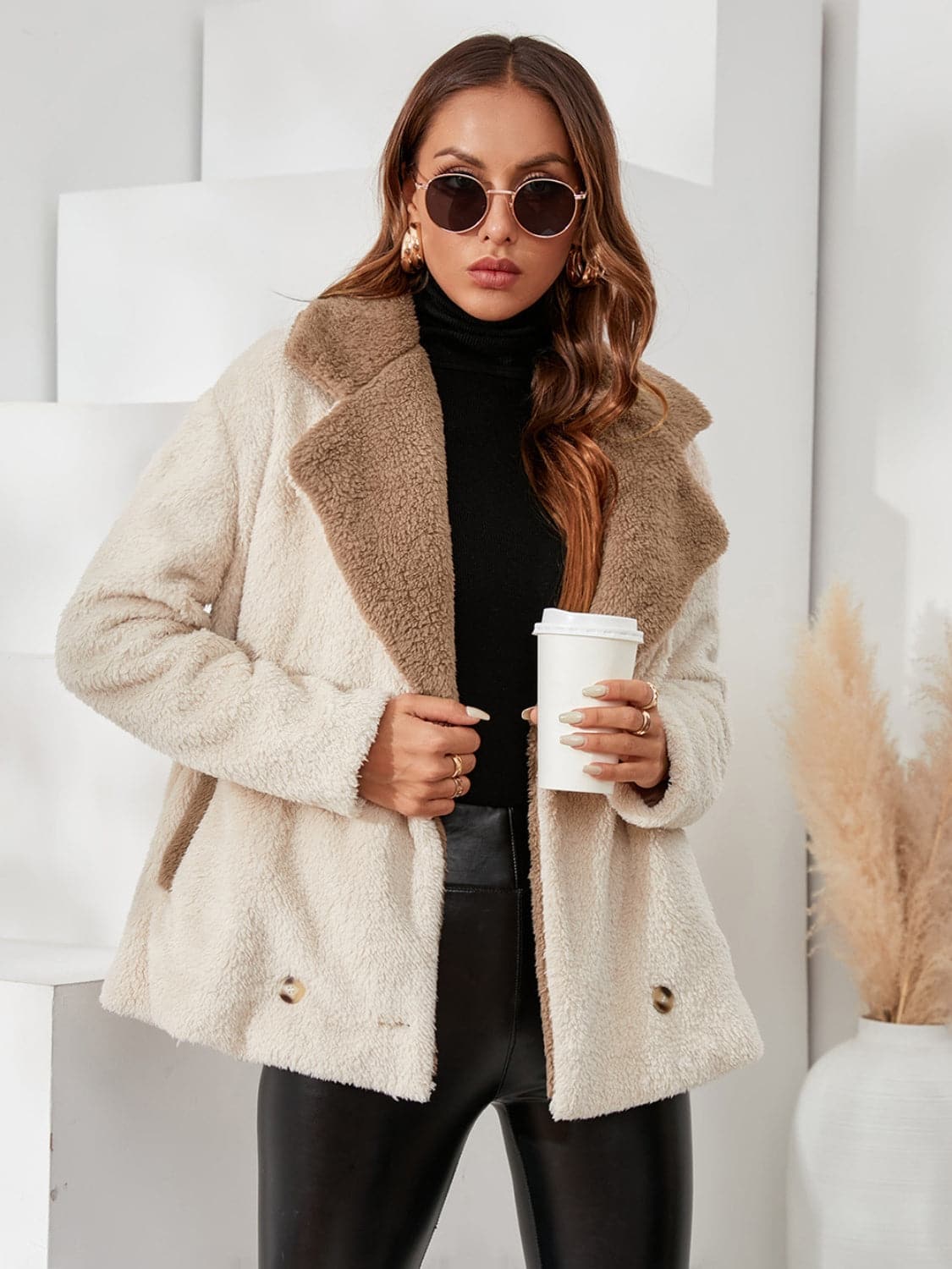 Fuzzy Button Up Dropped Shoulder Coat.