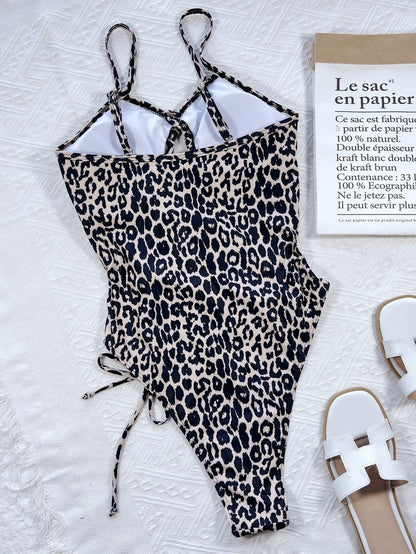 Leopard Cutout Tied One-Piece Swimsuit.