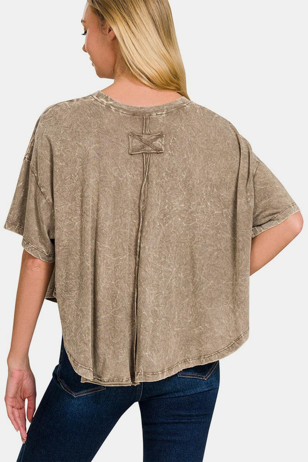 Zenana Washed Round Neck Drop Shoulder Cropped T-Shirt.