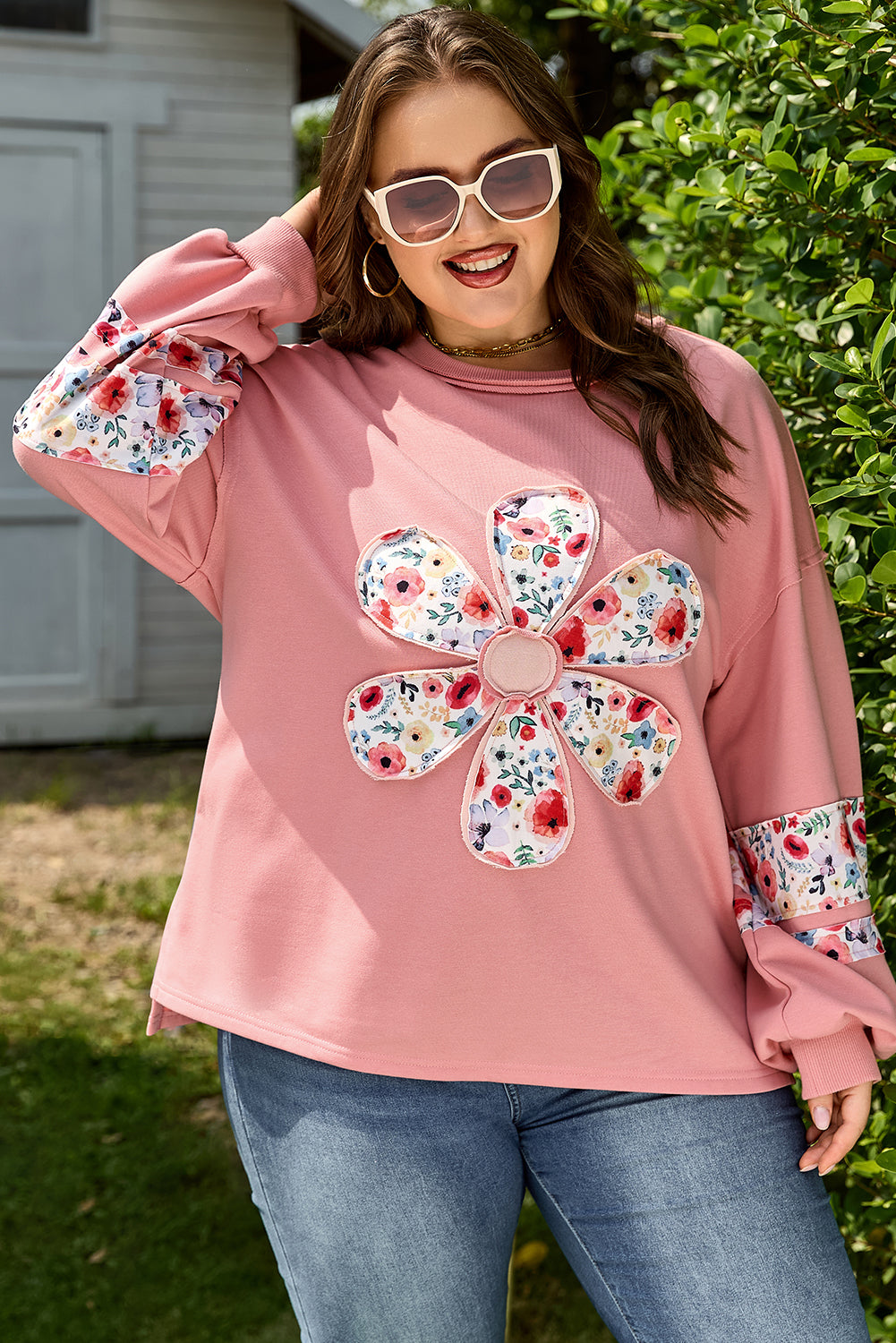 Peach Blossom Plus Size Floral Applique Sweatshirt Top Dear-Lover Dropshipping