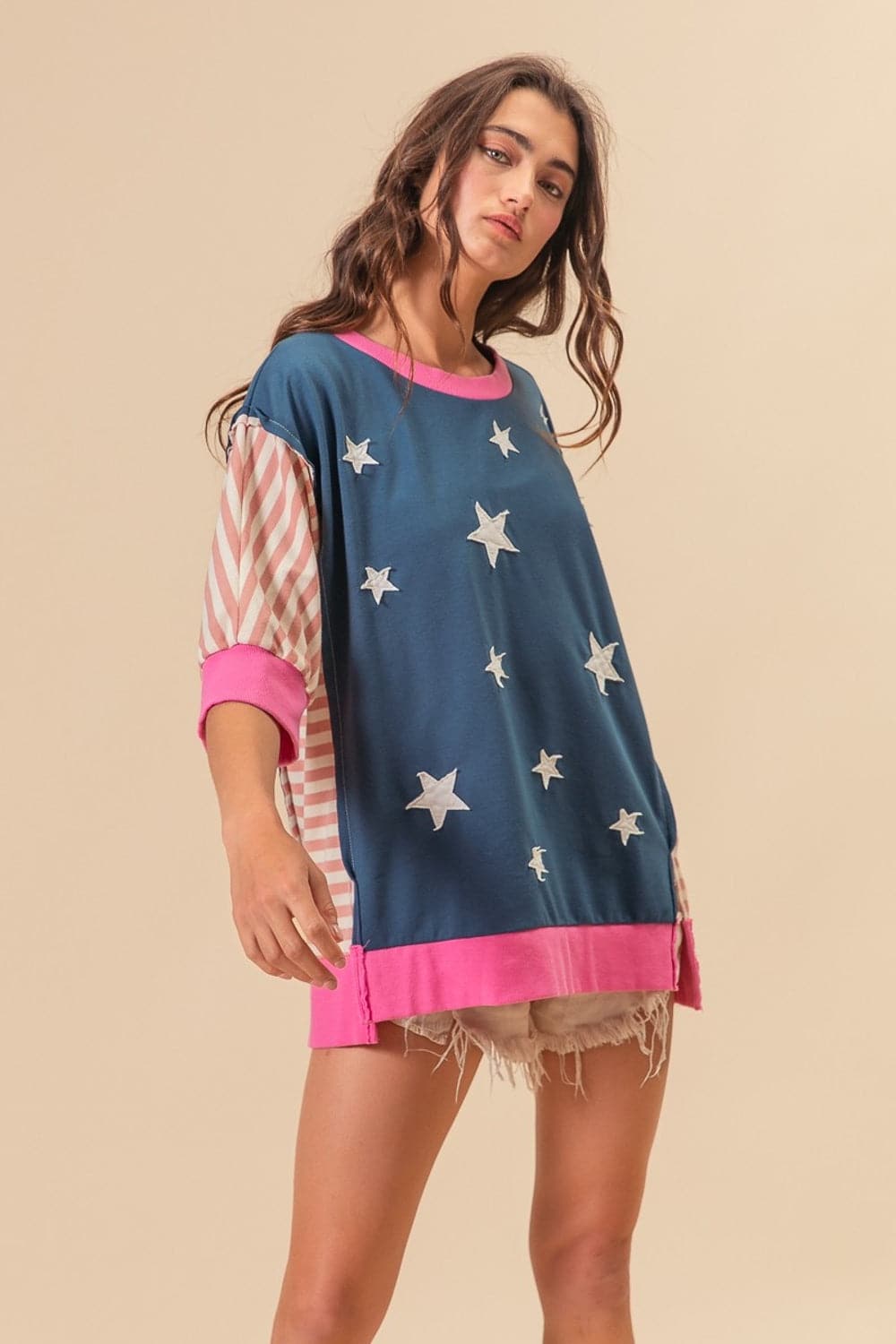 BiBi US Flag Theme Color Block Star Patch T-Shirt.