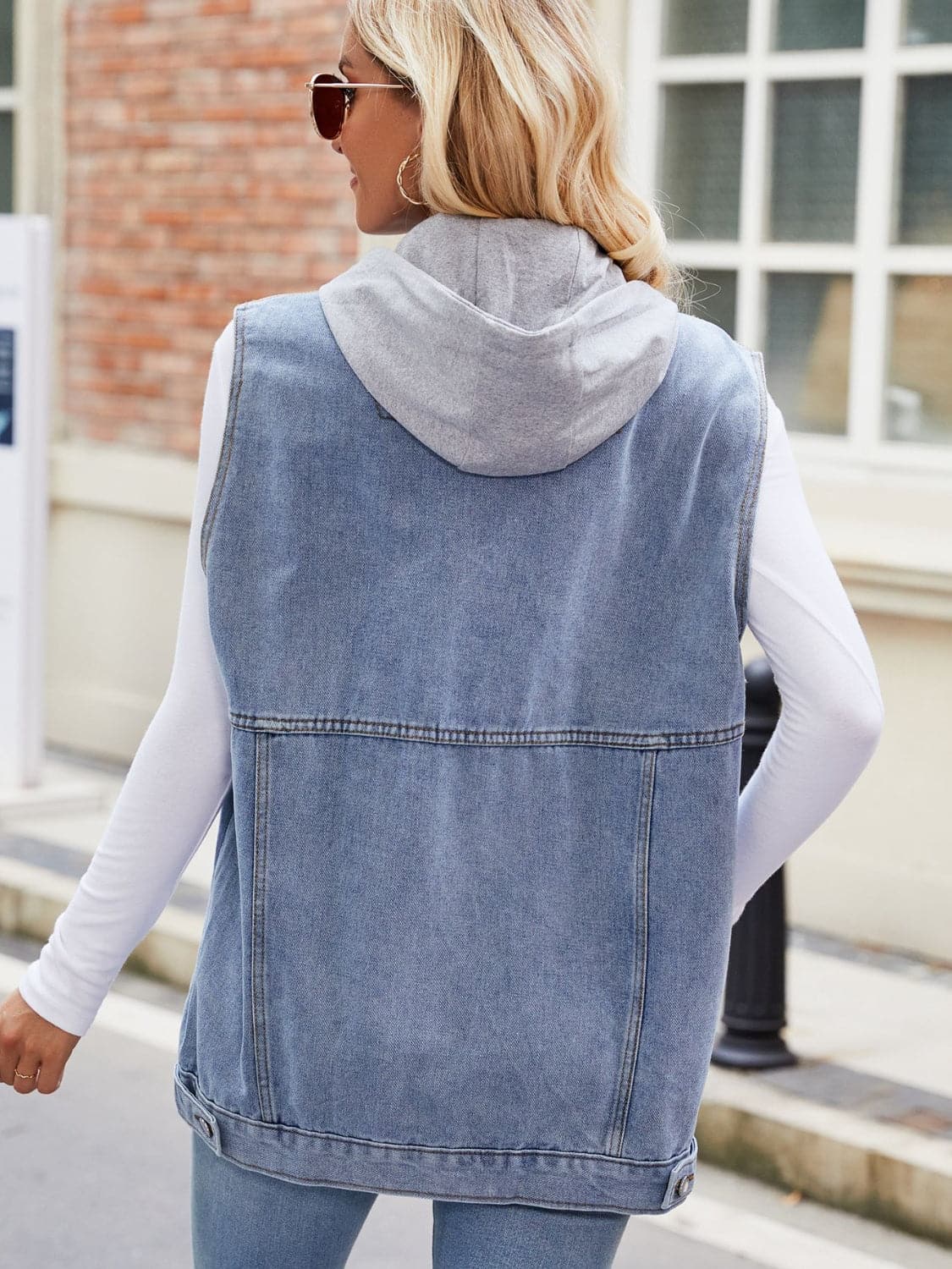 Drawstring Hooded Sleeveless Denim Jacket.