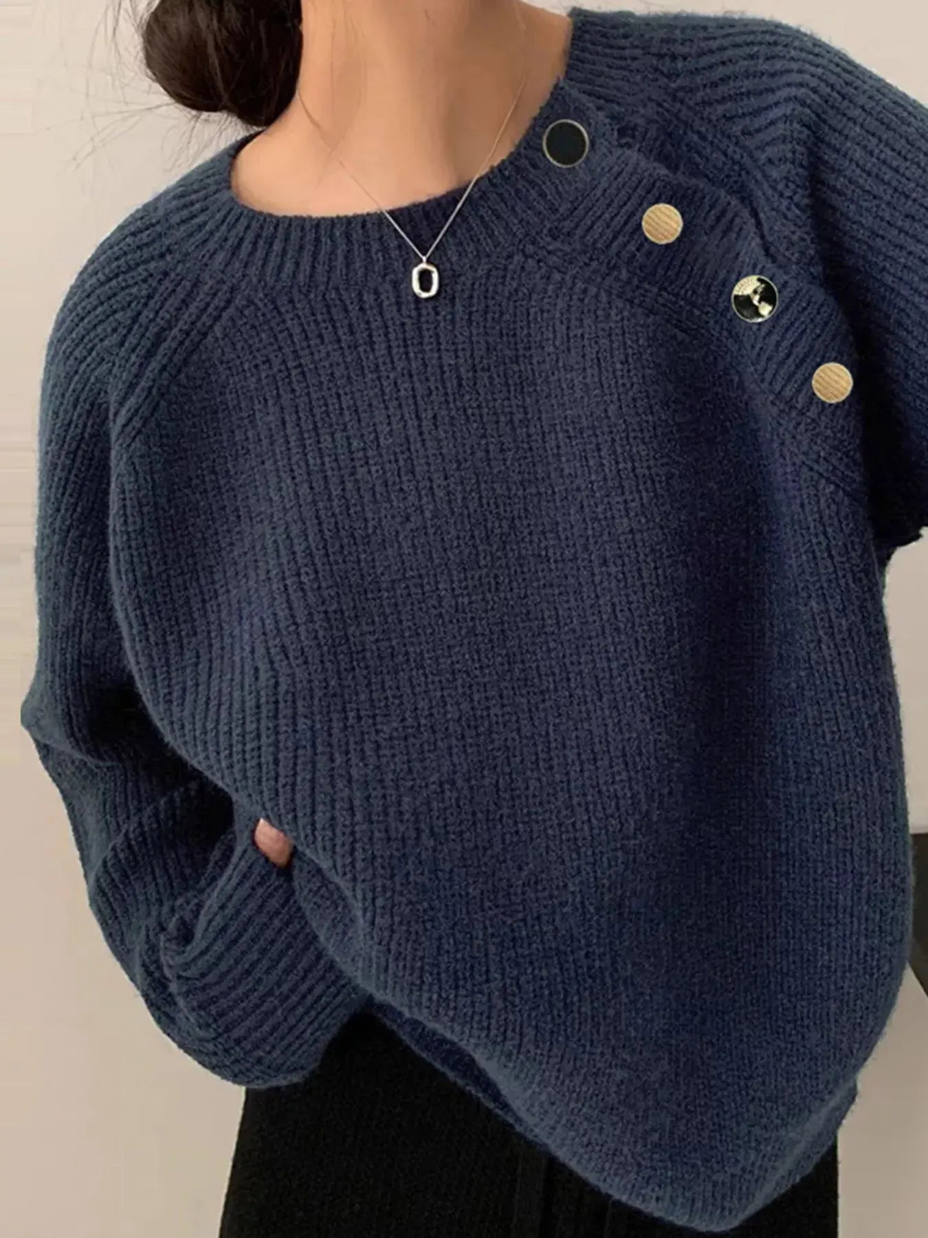 Button-Decorated Round Neck Sweater Simply Love