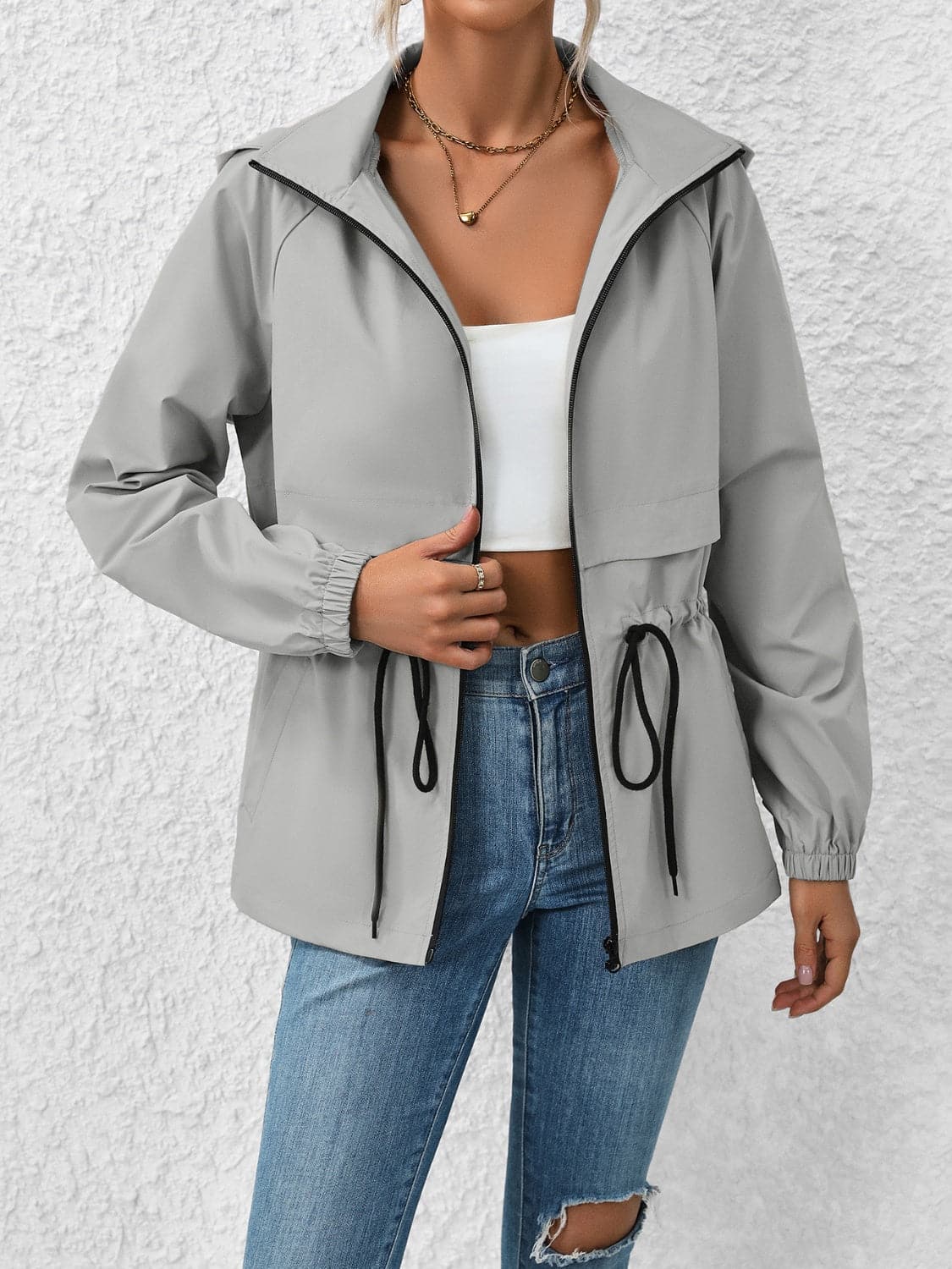 Drawstring Zip Up Hooded Jacket.