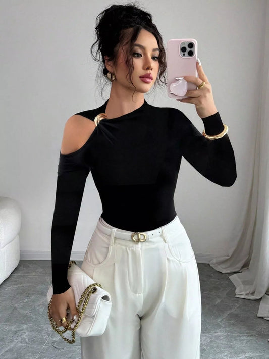 Cutout One-Shoulder Long Sleeve T-Shirt Simply Love