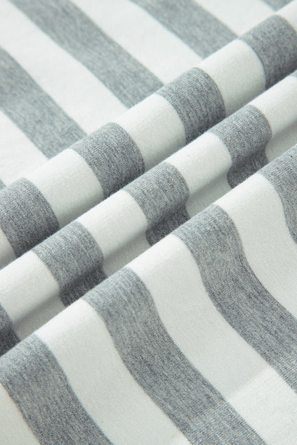 Premium Gray Stripe Ribbed Long Sleeve Blouse Plus Shorts Set