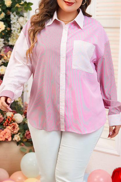 Chic pink striped colorblock plus size shirt