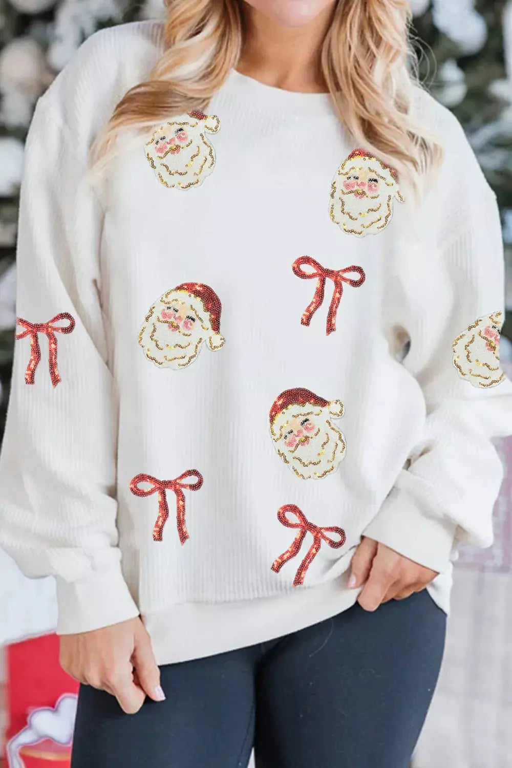 Full Size Corded Rib Sequin Santa Bow Patched Drop Shoulder Sweatshirt Plus Size Simply Love