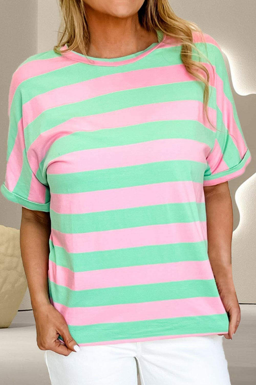 Contrast Stripes Round Neck Half Sleeve T-Shirt.