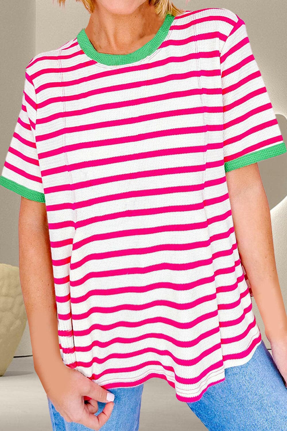 Striped Round Neck Short Sleeve T-Shirt.