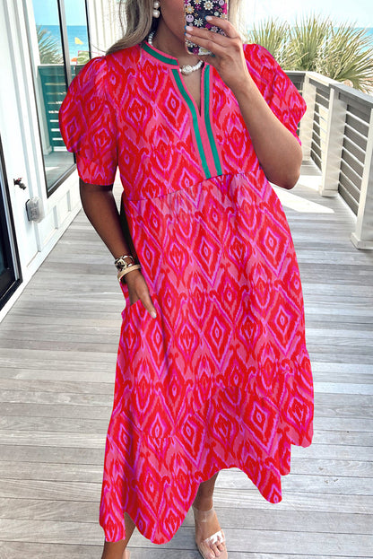Red Allover Dress With Contrast Split Neckline Puff Sleeves