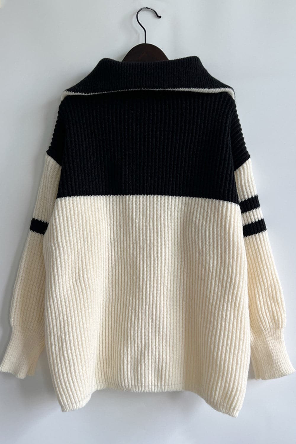 Quarter Zip Striped Dropped Shoulder Sweater.