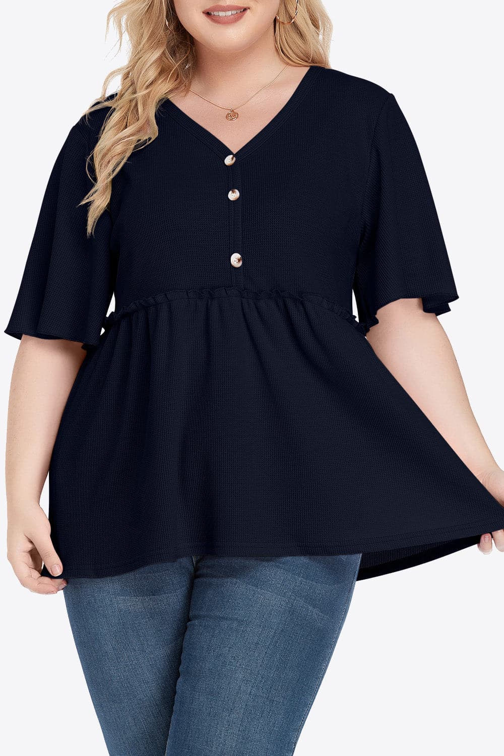 Plus Size Buttoned V-Neck Frill Trim Babydoll Blouse.