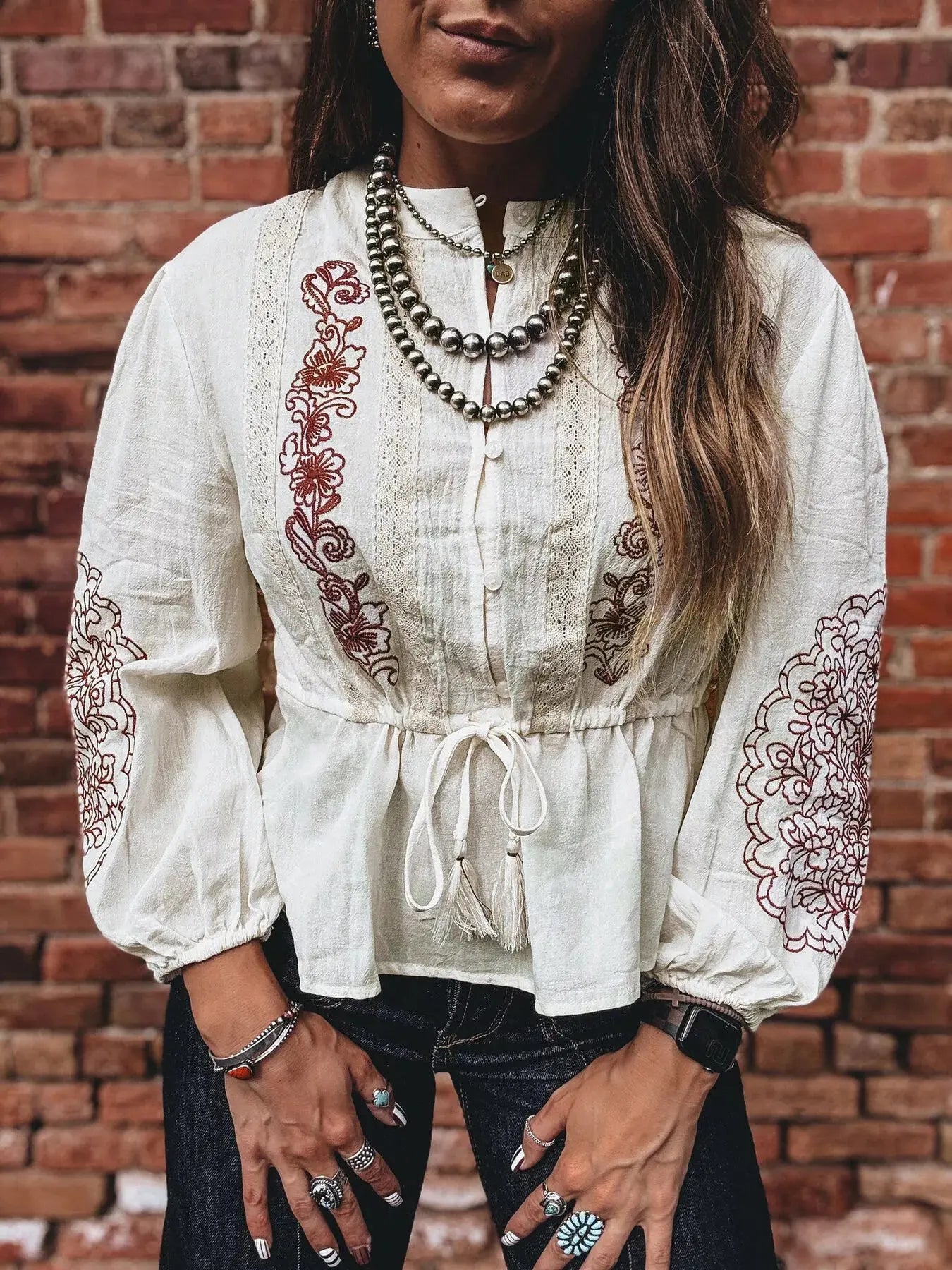 Embroidered Drawstring Waist Blouse Simply Love