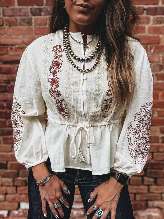 Embroidered Drawstring Waist Blouse Simply Love