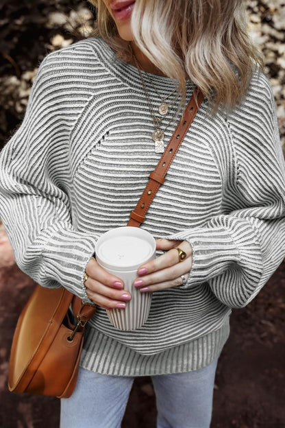 Textured striped long sleeve top with round neck