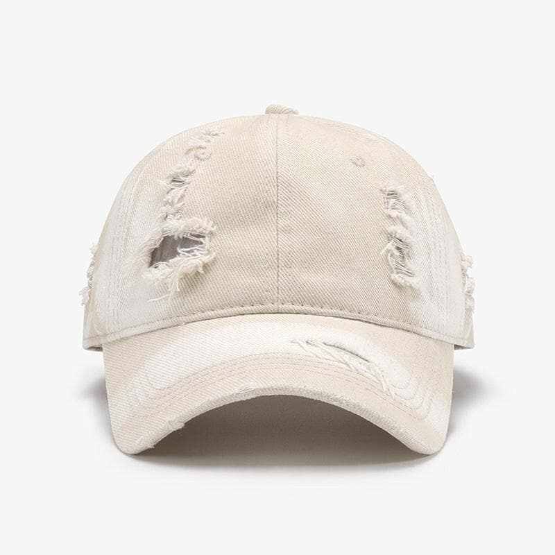 Distressed adjustable cotton baseball cap with edgy design and comfortable fit.