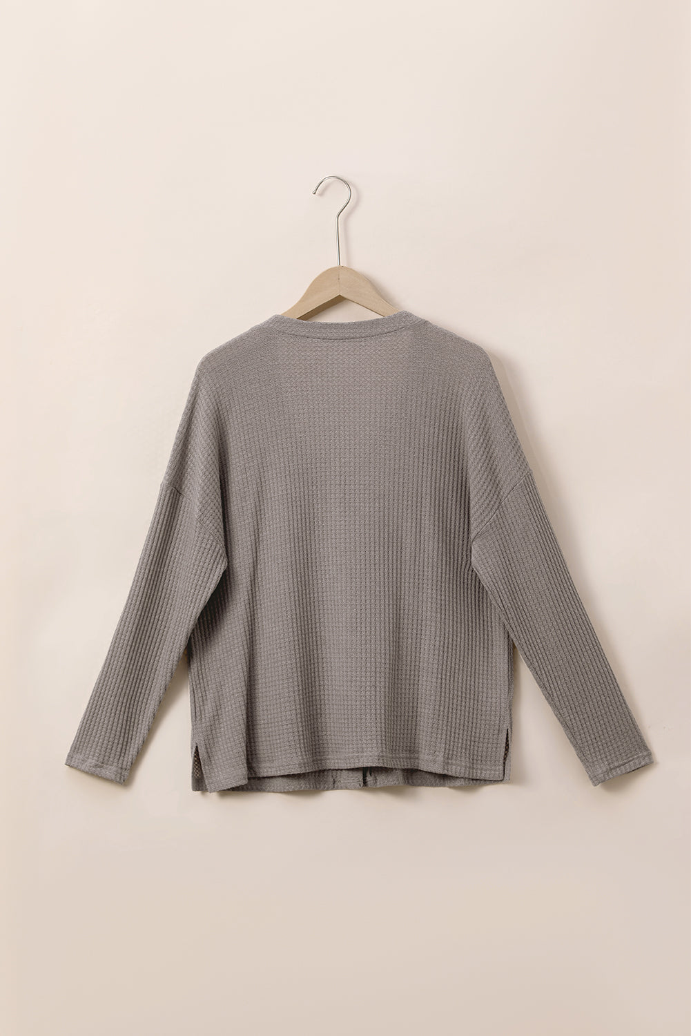 Cozy taupe waffle knit plus size V-neck top with button details