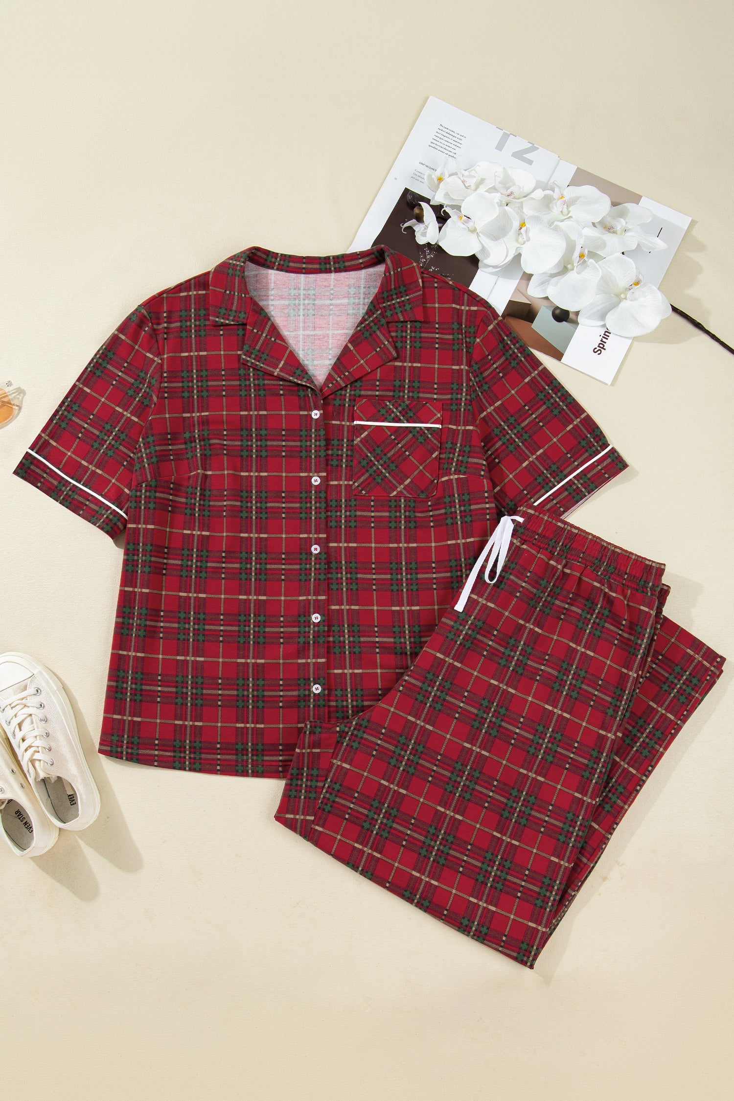 Red Plus Size Plaid Short Sleeve Shirt And Loose Pants Two Piece Pajama Set Cozy Sleepwear For Nighttime Comfort Dear-Lover Dropshipping