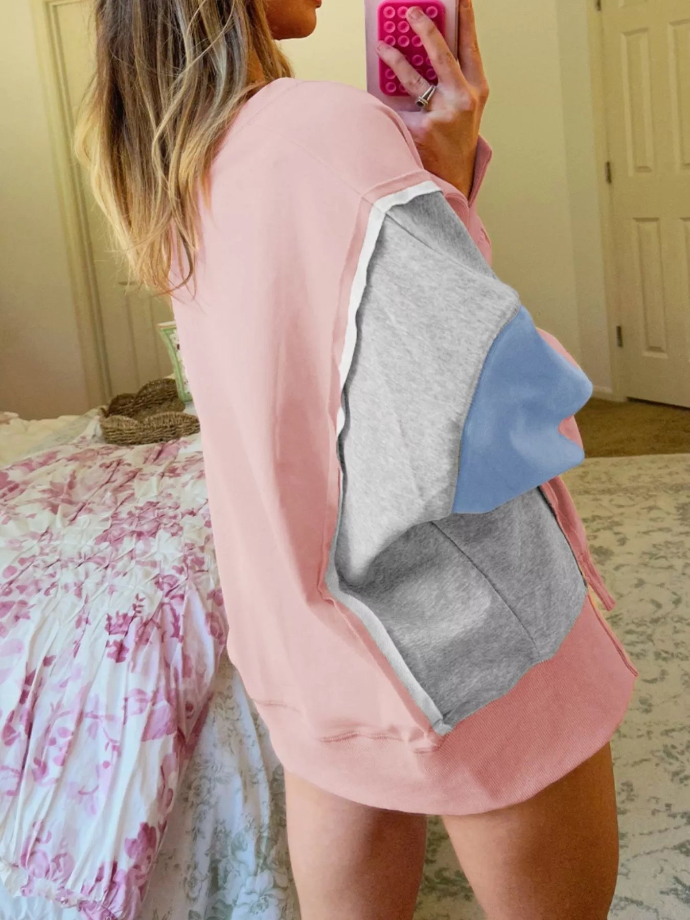 Exposed Seam Color Block Patchwork Slit Cuffs Oversize Sweatshirt Simply Love
