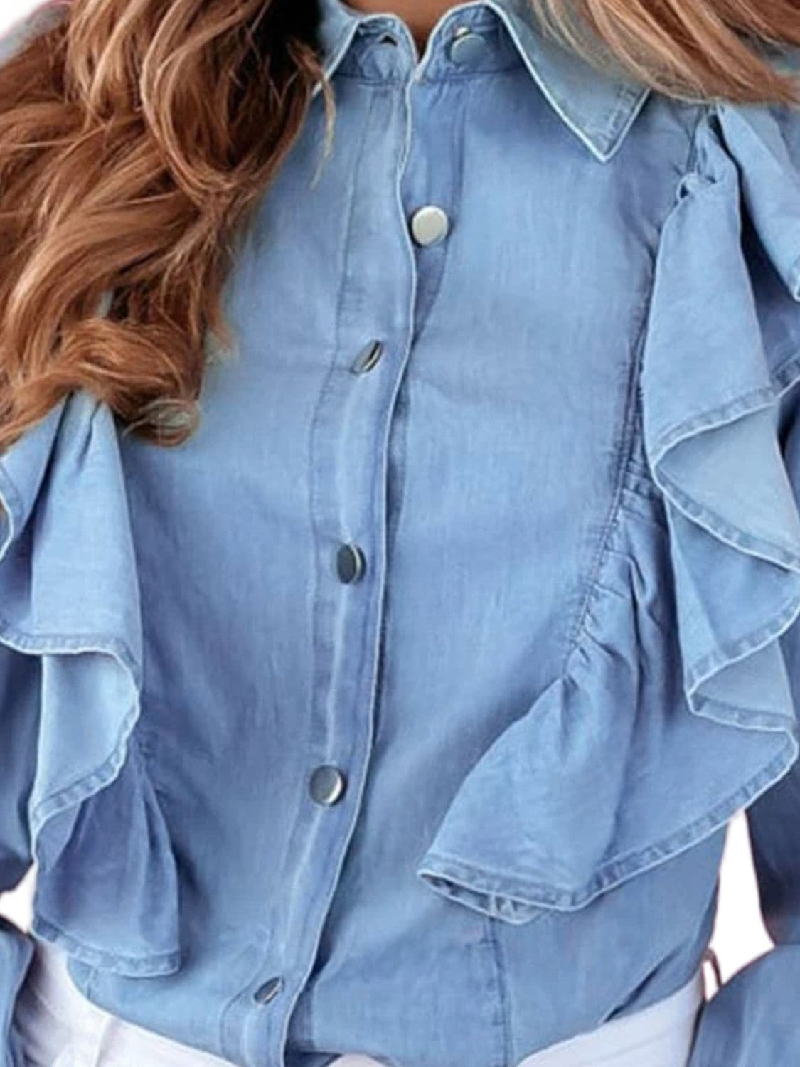 Ruffled Button Up Long Sleeve Denim Top.