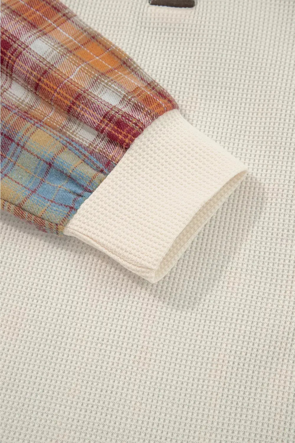 Waffle Knit Plaid Patchwork Long Sleeve Blouse Simply Love