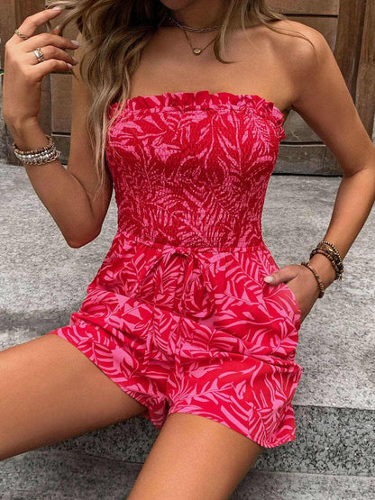 Smocked Printed Tube Romper with Pockets.