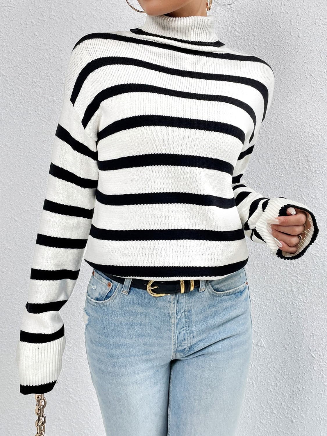 Striped Turtleneck Drop Shoulder Sweater.