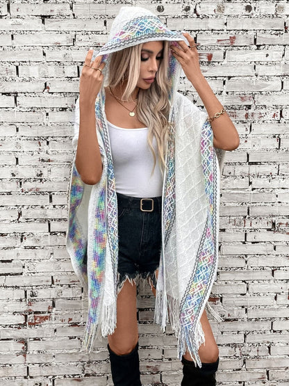 Fringe hooded poncho - acrylic, one size