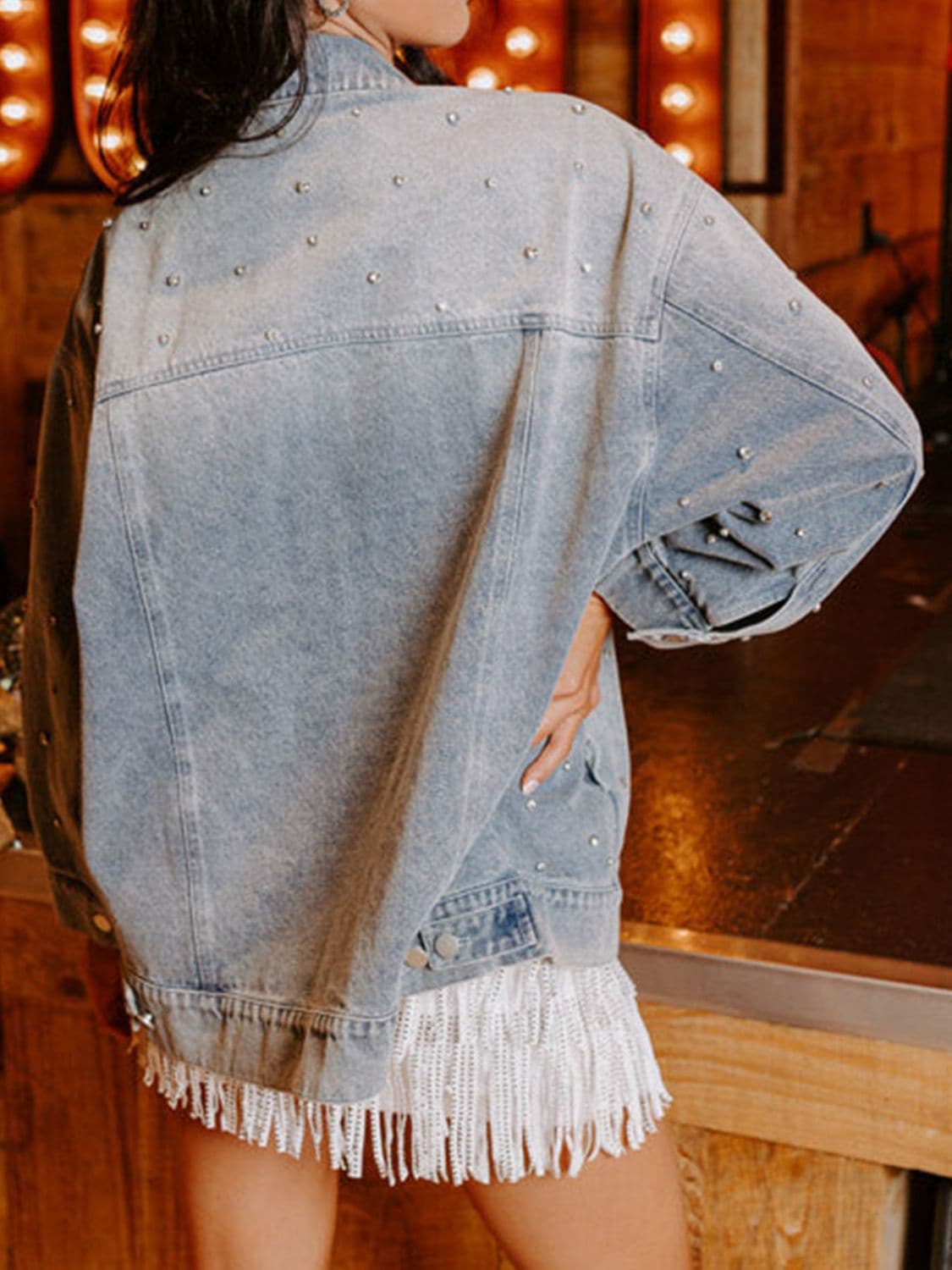 Rhinestone Detail Button Up Denim Jacket.