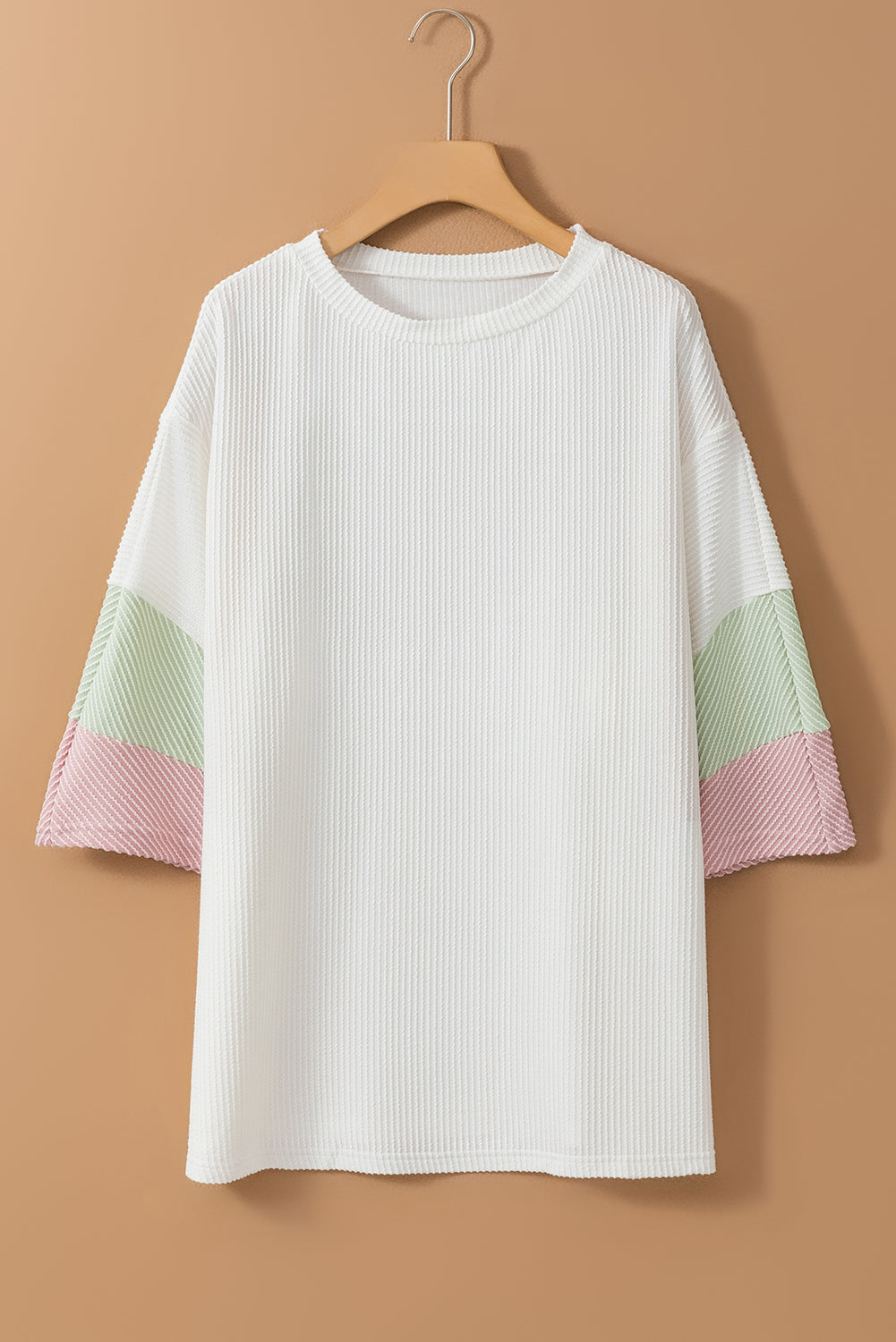 Chic white textured colorblock patchwork t-shirt for plus sizes