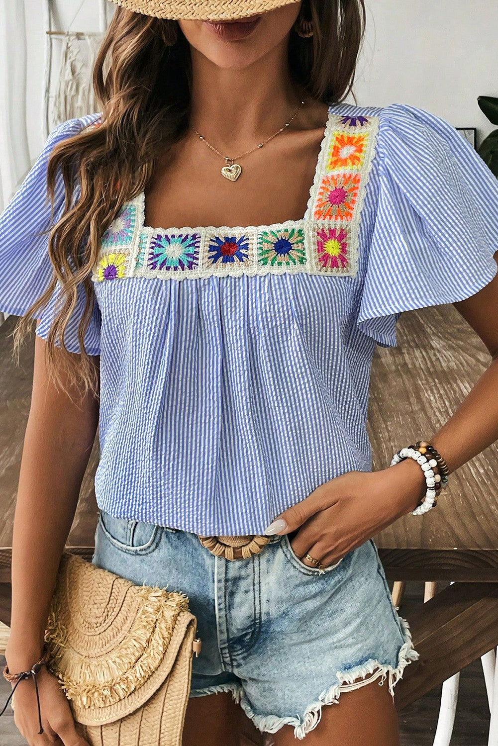 Sky Blue Stripe Textured Ruffle Short Sleeve Boho Blouse