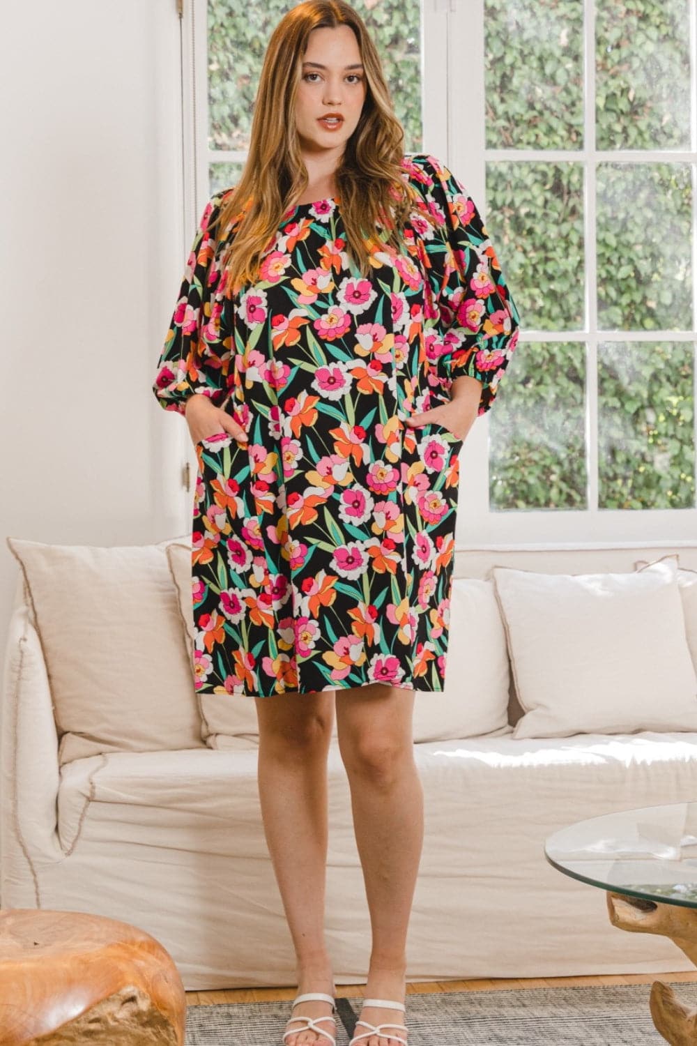 ODDI Full Size Floral Puff Sleeve Mini Dress.