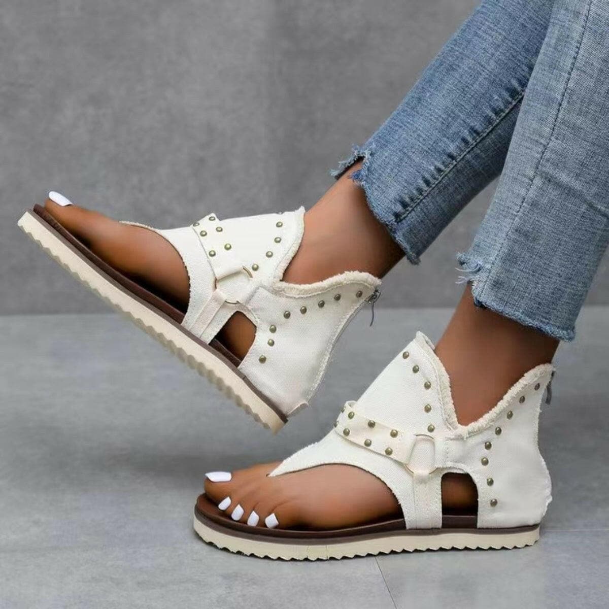 Rivet Detail Frayed Edge Slide Sandals.