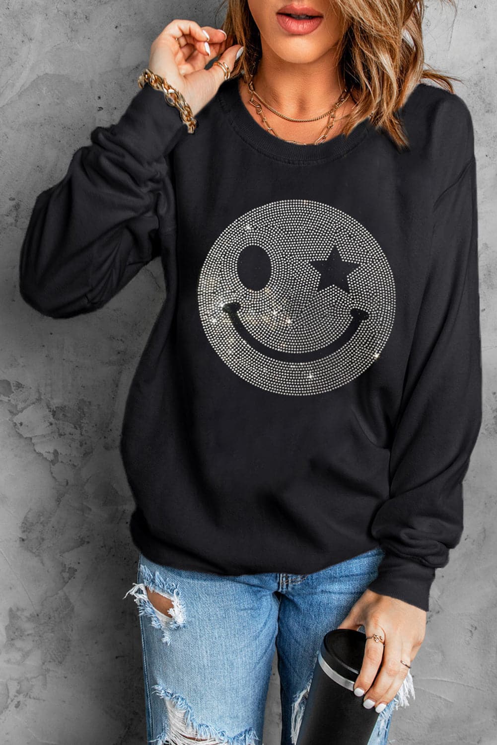 Rhinestone Smile Long Sleeve Sweatshirt.