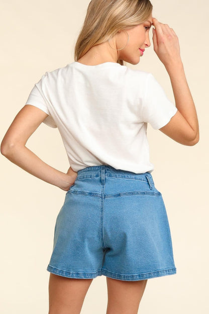 Haptics High Rise Button Fly Washed Denim Shorts.