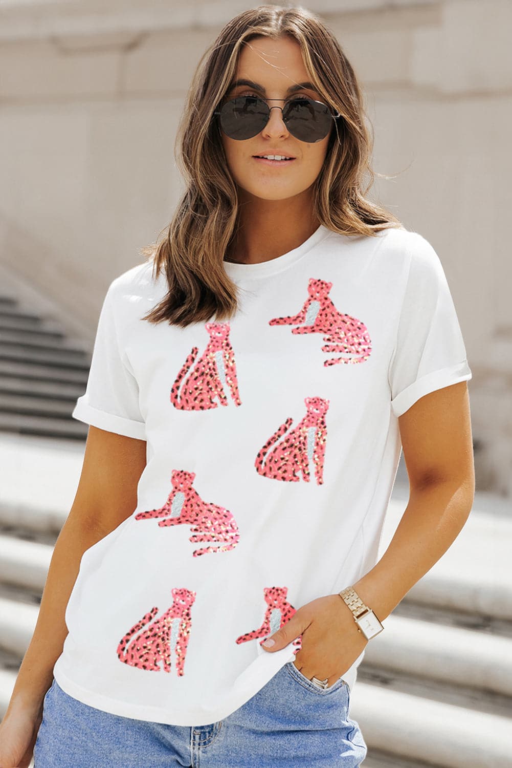 Sequin Leopard Round Neck Short Sleeve T-Shirt.